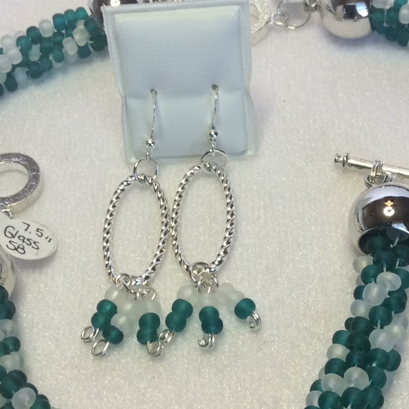 FINAL SALE PRICE Hand Woven Teal, White & Silver 3 Pc. Jewelry Set - Picture 5 of 5